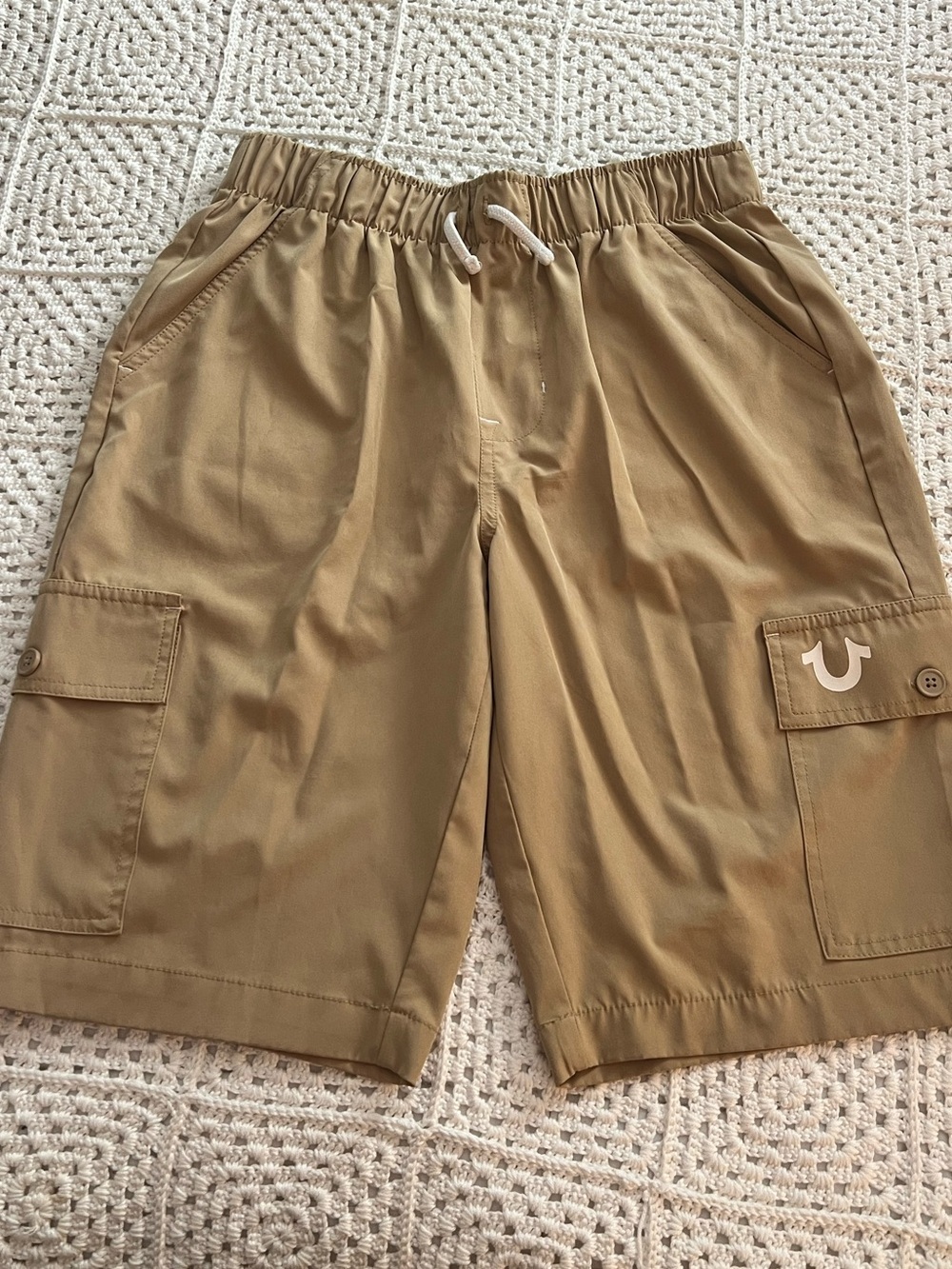 True Religion Youth Boys Tan Cargo Drawstring Shorts Lightweight Sz XL 18-20